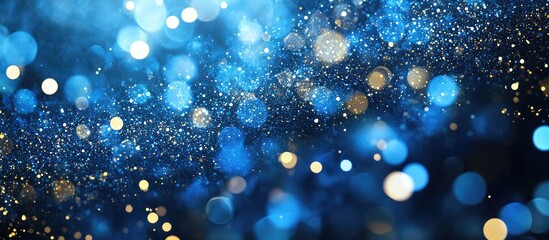 Poster - Blue festive background for Christmas and New Year celebrations bokeh backdrop with copy space defocused circles or particles template for design