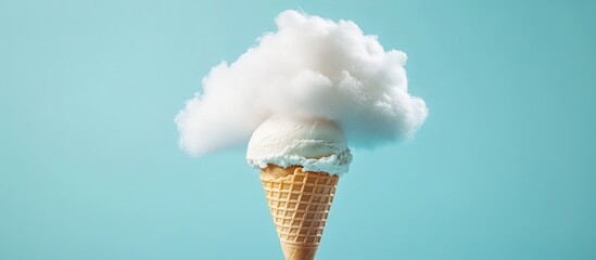 Aufkleber - White cloud resembling fluffy cotton sits atop an ice cream cone against a pastel blue background Represents the concept of icy cold weather. with copy space image. Place for adding text or design