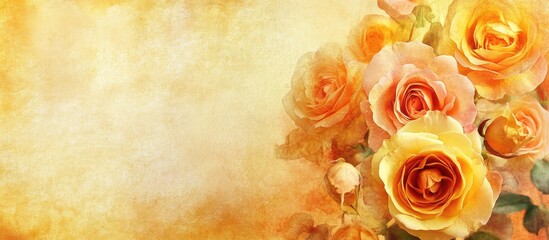 Leinwandbilder - textured vintage paper background featuring multicolored yellow and orange roses. with copy space image. Place for adding text or design