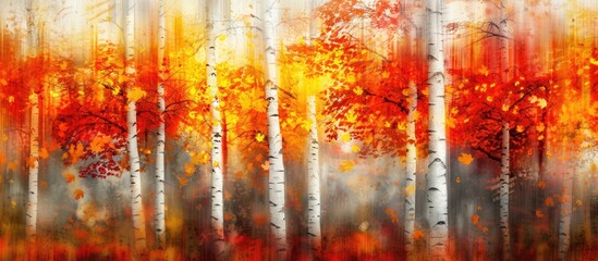 Poster - Abstract image of birch trees in autumn captured using various motion and zoom effects Features a colorful textured background long exposure and selective focus. with copy space image