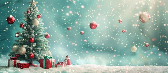 Poster - Background featuring Christmas toys and a Christmas tree with snow Space available for text. with copy space image. Place for adding text or design