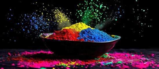 Close up of multi colored powder in bowls with copyspace on a black background Concept related to the Holi festival color Hindu tradition and celebration