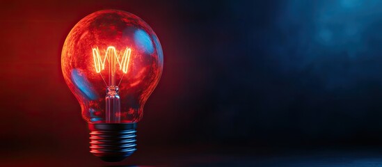 Aufkleber - Red light bulb isolated on blue Concept background for bright ideas Backdrop of electricity invention Empty copyspace for creative innovation Solution to darkness
