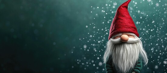 Poster - Christmas gnome wearing a red hat on a holiday banner set against a dark green winter background Scandinavian elf greeting card featuring a copyspace template