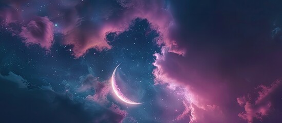 Poster - A fantasy backdrop of the night sky featuring enchanting light and a crescent moon. with copy space image. Place for adding text or design