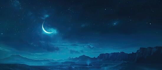 Poster - A fantasy backdrop of the night sky featuring enchanting light and a crescent moon. with copy space image. Place for adding text or design