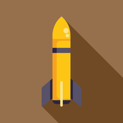 Poster - Yellow rocket launching upwards with long shadow, simple flat design of a spaceship taking off