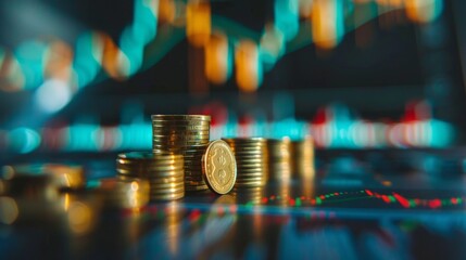 Aufkleber - A pile of gold coins on a table with a graph in the background