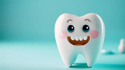 cheerful smiling tooth characters: bright and playful dental concept on turquoise background