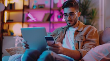 A man is sitting on a couch and looking at a laptop and a cell phone