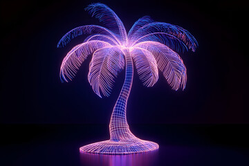 Wall Mural - Futuristic neon wireframe of a tropical sunset palm tree isolated on black background.