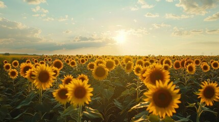 Sticker - A vibrant field of sunflowers stretching towards the horizon.