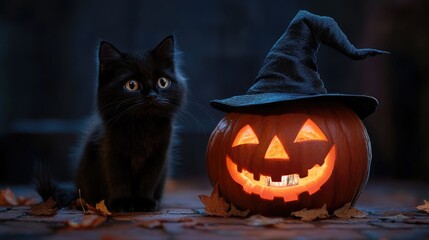 Wall Mural - A black cat sits next to a Halloween pumpkin, ready for the spooky season