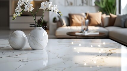 A close-up of smooth white marble with delicate grey veins, soft natural lighting, capturing the timeless elegance and sophistication. --ar 16:9 --v 6.0 --s 250 --style raw