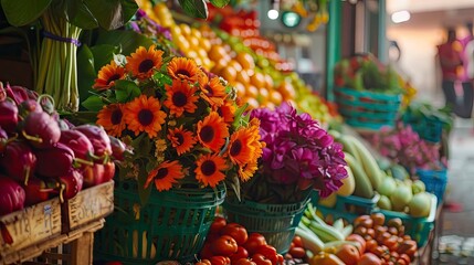 A vibrant market scene with fresh produce and colorful flowers.