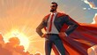 © Thanaphon - Confident superhero businessman standing heroically with cape against an inspiring sunset sky, symbolizing power and leadership.