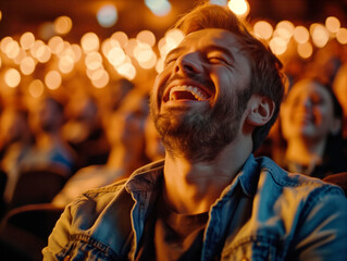 Wall Mural - A man is laughing in a crowd of people. Scene is happy and joyful