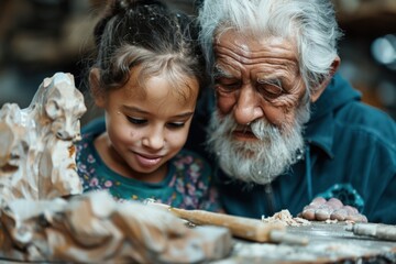 A grandfather tenderly guides a young girl in the art of wood carving, in a cozy workshop, reflecting the bond of family and the shared joy of learning a craft.