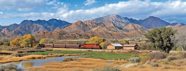 A red train journeys through vibrant autumn mountains with clear skies