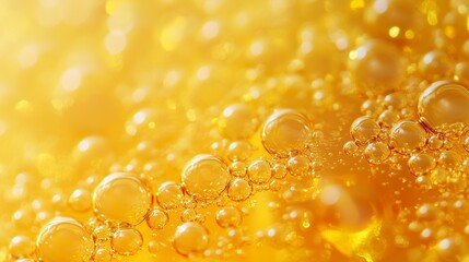Poster - close-up view of golden bubbles in a vibrant liquid during a sunny afternoon