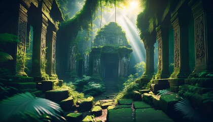 The crumbling ruins of an ancient temple hidden deep within a dense jungle. Fireflies softly illuminate the scene, casting a mystical glow on the aged stones and overgrown vegetation. 