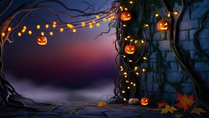 Halloween party border. Halloween night spooky background with pumpkins and flying bats. Creepy Halloween Graveyard. Halloween Background Suitable for Invitation Card Background