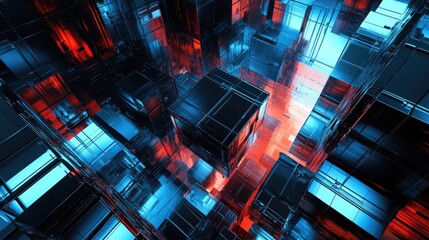 Poster - 3D abstract illustration of a cubic space station in a sci-fi setting.
