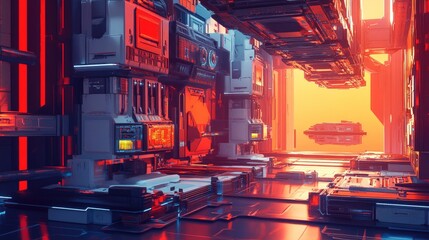 Poster - 3D abstract illustration of a cubic space station in a sci-fi setting.