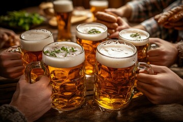 Friends drinking pintabeer on holidays in germany festive Oktoberfest. Germany holiday festival beer.