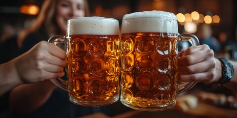 Friends drinking pintabeer on holidays in germany festive Oktoberfest. Germany holiday festival beer.