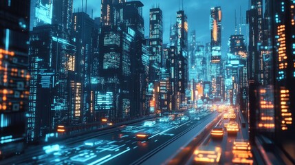 Poster - 3D illustration of a futuristic city with digital skyscrapers and traffic, highlighting big data and security.