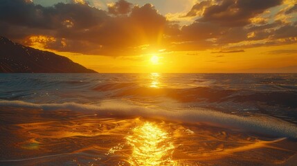 Wall Mural - A vibrant sunset casting a golden glow over a tranquil beach.