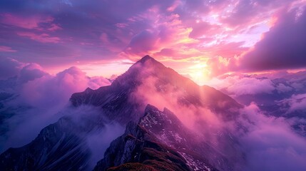 Wall Mural - A vibrant sunset over a mountain peak with clouds lit up in shades of pink and purple.