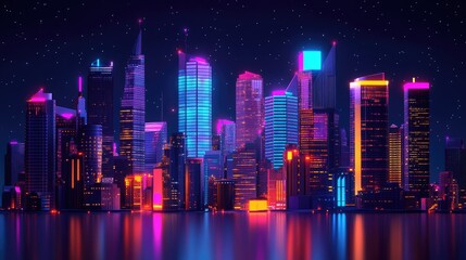 3D night city with vivid neon lights and glowing skyscrapers. Detailed megapolis illustration with vibrant downtown architecture.