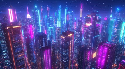 Poster - 3D night city illustration featuring skyscrapers with neon glow and vivid colors. Megapolis architecture with vibrant lights.