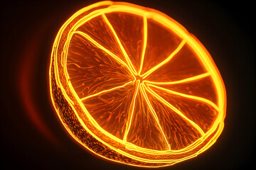 Wall Mural - Detailed neon outline of a juicy sliced orange fruit isolated on black background.