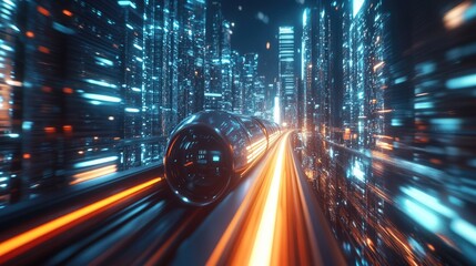 Poster - 3D rendering of a hyperloop speeding through a mega city at night. Blurred lights from skyscrapers highlight the advanced technology and design.