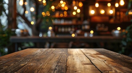 Sticker - Wooden table in restaurant setting, perfect for product display and branding with vintage concept.