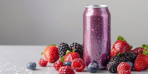 Wall Mural - Can of sparkling water with natural flavorings standing next to fresh berries