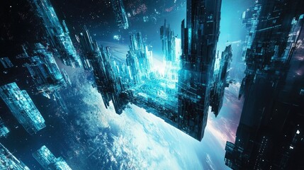 Poster - Abstract cubic structures forming a sci-fi space station in outer space.