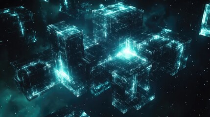 Poster - Abstract geometric space station built from interconnected cubes. 3D illustration.