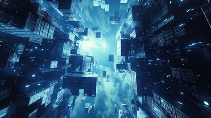 Poster - Abstract cubic structures forming a sci-fi space station in outer space.