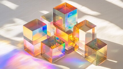 Poster - Artistic light dispersion through stacked dichroic glass cubes, creating a sparkling spectrum on white textured paper.