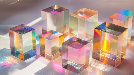 Poster - Artistic light dispersion through stacked dichroic glass cubes, creating a sparkling spectrum on white textured paper.