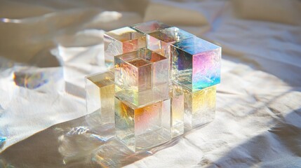 Poster - Artistic light dispersion through stacked dichroic glass cubes, creating a sparkling spectrum on textured white paper.