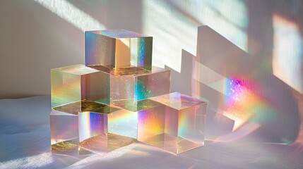 Poster - Artistic light dispersion through stacked dichroic glass cubes, creating a sparkling spectrum on textured white paper.