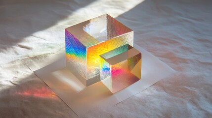 Poster - Artistic light dispersion through stacked dichroic glass cubes, creating a sparkling spectrum on textured white paper.