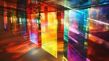 Poster - Artistic light scattering through glass prisms and dichroic stripes, creating multiple vivid color spectra.