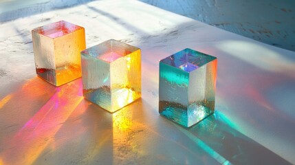 Poster - Artistic refraction of light through colored dichroic glass cubes, casting a colorful spectrum on textured white paper.