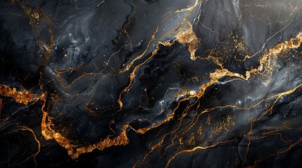 Luxurious black marble with striking gold veins, captured with a wide-angle lens to emphasize its grandeur and opulent feel. --ar 16:9 --v 6.0 --s 250 --style raw